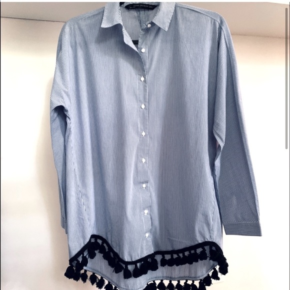 Zara Oversized Button Down Shirt with Tassel Hem - Picture 1 of 6